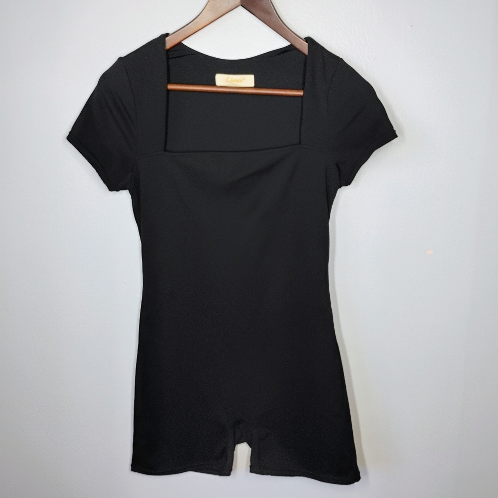 Qinsen Short Sleeve Bodycon Romper Womens 8 Black Unitard Athletic‎ Training Gym